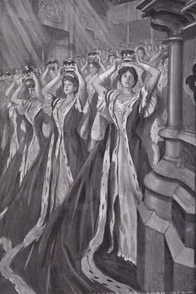 Peeresses, King Edward VII, Westminster Abbey, Londra'nın eşi Kraliçe Alexandra'nın taç giyme töreninde taçlarını takıyor by Edmund Joseph (after) Sullivan