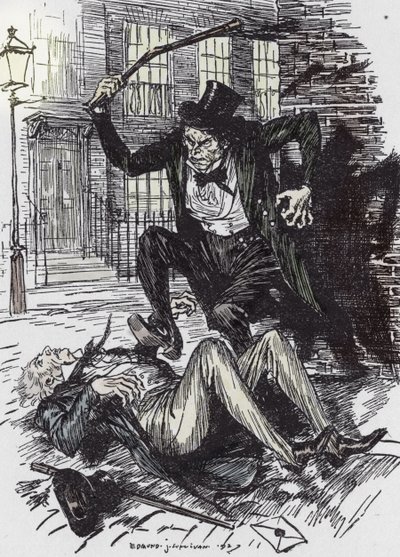 Bay Hyde suikastçısı Sir Danvers Carew, Edmund Joseph Sullivan'ın (1869-1933) L'Etrange Cas du dr Jekyll et de Mr Hyde” adlı romanı için İllüstrasyon, Robert Louis Stevenson (1850-1894) 1927 (Bay Hyde sopayla Sir Danvers Carew'e ölüm “” ae benz by Edmund Joseph Sullivan