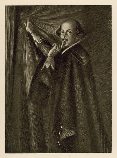 William Shakespeare perdeyi tutuyor ve bize sessiz olmamızı söylüyor (lito) by Edmund Joseph Sullivan