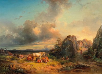 Geniş bir manzara önünde hayvan sürüsü ve figürlü aksesuarlar by Edmund Mahlknecht