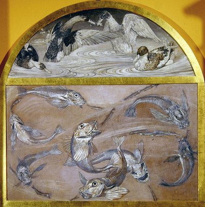 İki Parçalı: Bir havuzda balık ve ördekler (karttaki tempera) by Edoardo Gioja