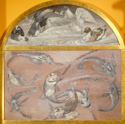 Havuzda balık ve ördekler ile iki parçalı resim (kartta tempera,) by Edoardo Gioja