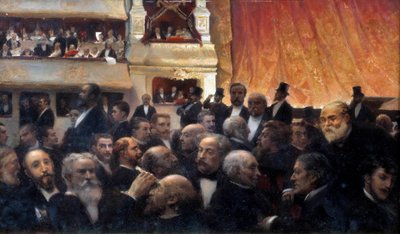 Intermission, Fransız Komedisinde bir prömiyer Seyirciler arasında: küvette, Henri Rochefort ve Leon Gambetta, en üstteki avant-sahne soyunma odasında, Jules Ferry, d