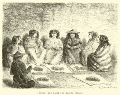 Chicha yapmak için mısır çiğnemek (gravür) by Edouard (after) Riou