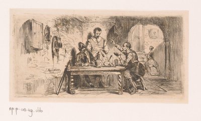 Bir avluda bir masada üç asker, biri kitaptan okuyor by Edouard Hamman
