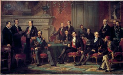 25 Şubat - 30 Mart 1856 tarihleri arasında Paris Kongresi, Kırım Savaşı'nın sonunda, III. Napolyon tarafından Avrupa Devletlerinin Dışişleri Bakanları ile bir araya geldi. Edouard Louis Dubufe'nin (1820-1883) tablosu. 1856 Güneş. 3,08 x 5,10 m by Edouard Louis Dubufe