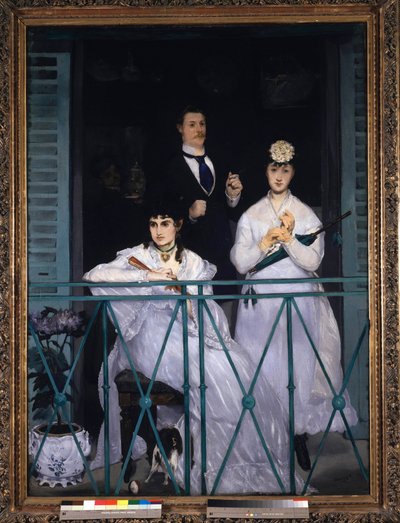 Balkon Bir yelpaze ve bir şemsiye tutan iki genç kadın ve kravatlı bir adam. Berthe Morisot (1841-1895), Fransız ressam, Fanny Claus (1846-1877), kemancı, Antoine Guillemet (1841-1918) peyzaj mimarı ve arka plan Leon Leenhoff