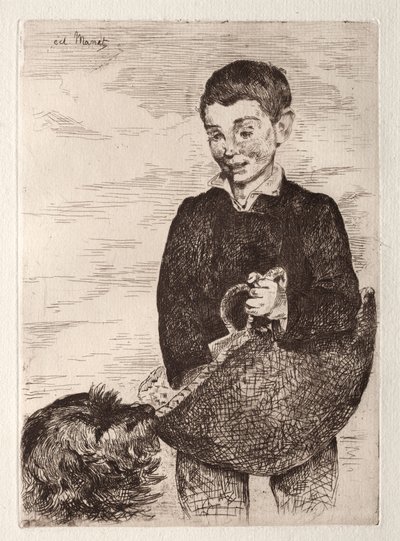 Köpekli çocuk, alışveriş çantasıyla by Édouard Manet