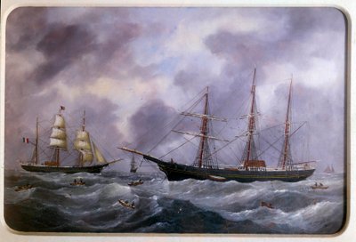 1885 yılında Newfoundland kıyısında balık tutan gemiler Edouard Adam (1847-1929) tarafından suluboya 1885 Paris, Musee de la Marine by Edouard Marie Adam