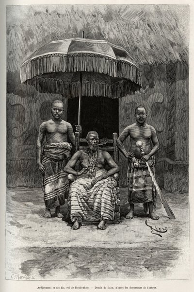 Ardjoumani (ö. 1892) ve oğulları, Bondoukou (Fildişi Sahili) kralı. Riou tarafından gravür, Kaptan Louis Gustave Binger