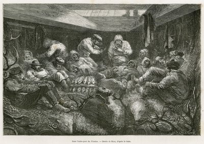 Yorgunluktan kaybolan ve bitkin düşen seferin mürettebatı, Rus balıkçı gemisi Nicholas tarafından toplanır ve geminin ambarlarında, balık ve av ganimetlerinin (geyik ağacı, kutup ayısı derisi) yükleri arasında istiflenerek yolculuğu sona erdirir. sonra gra by Edouard Riou