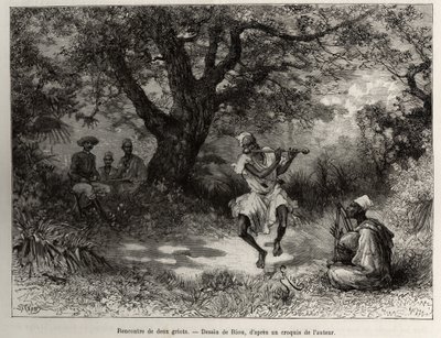 İki griotla tanışın, Kaptan Binger, gölgede oturuyor, gösterinin tadını çıkarıyor. Riou tarafından gravür, Kaptan Louis Gustave Binger