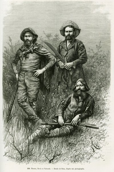Keşif gezisinin üyeleri: Bay Thouar (uzatarak), Bay Novis (solda duruyor) ve Bay Valverde (sağda duruyor). Voyage dans le Chaco Boreal hikayesini göstermek için Riou tarafından yapılan gravür by Edouard Riou