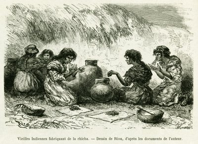 Nargile yapan yaşlı Hintli kadınlar. Voyage dans le delta du Pilcomayo et de Buenos Aires a Sucre hikayesini göstermek için Riou tarafından yapılan gravür by Edouard Riou