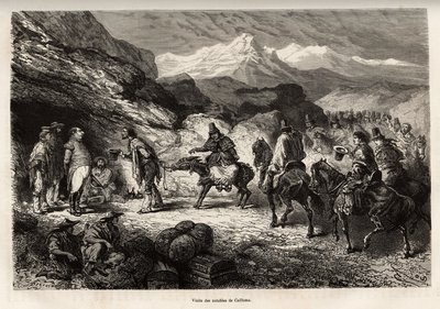 P.Marcoy, Cailloma gölünün yakınında bulunan bir mağarada cin ve karakolda albay olan bir arkadaş bulur, birlikte şehrin ileri gelenlerini ziyaret ederler. , Huarancalqui v by Edouard Riou