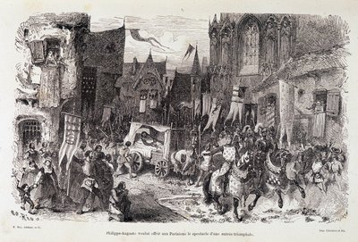 Philippe Auguste (Philippe-Auguste) Parislilere muzaffer bir başlangıç gösterisi sunmak istedi. SD. 12. yüzyıl by Edouard Riou