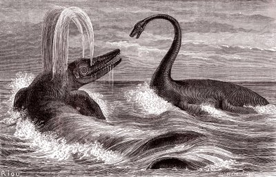 Ichtyosaurus ve Plesiosaurus by Edouard Riou