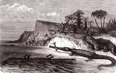 Teleosaurus ve Hyleosaurus by Edouard Riou