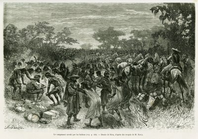 Kamp Kızılderililer tarafından işgal edildi. Voyage dans le Chaco Boreal hikayesini göstermek için Riou tarafından yapılan gravür by Edouard Riou
