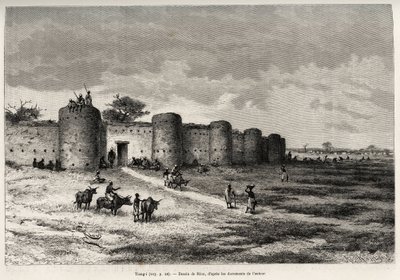 Surları ve kil kuleleri ile Tiong-Gi kasabası (Tiong Gi, Mali). Riou tarafından gravür, Kaptan Louis Gustave Binger