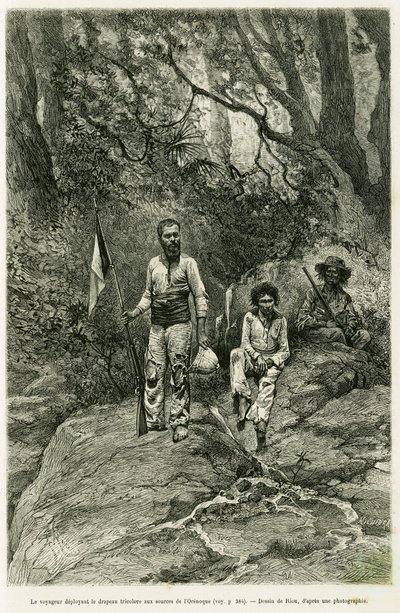 Orenoque kaynaklarına üç renkli bayrağı dağıtan gezgin. Voyage aux kaynakları de l