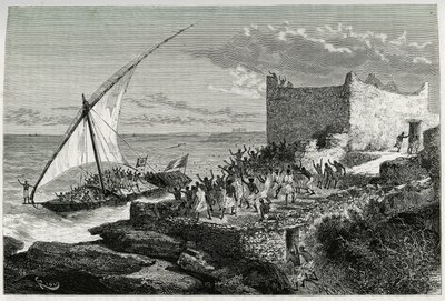 Moguedouchou (Mogadişu) limanına giren yolcuların gübresi ile denizciler, kendilerini coşkuyla karşılayan insanları cezbetmek için büyük bir gürültü koparırlar. “” Voyage chez les Benadir, les somalis et hikayesini göstermek için Riou tarafından yapılan gr by Edouard Riou