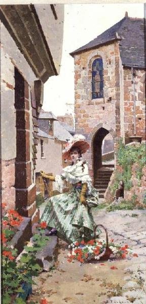 Bir sepet çiçek (panel) ile Parisli Kadın by Edouard Toudouze