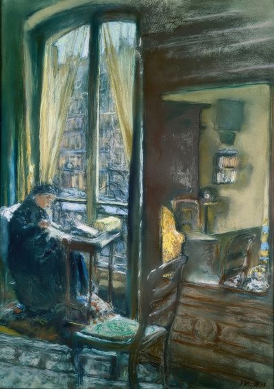 Madam Vuillard pencerede dikiş dikiyor, rue de Calais by Edouard Vuillard