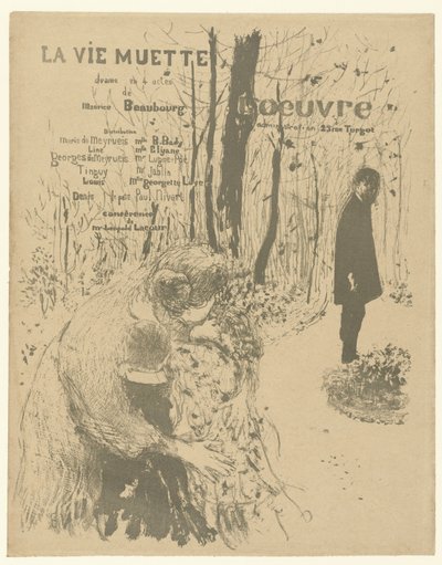 Rollerin ve aktörlerin listesinin yer aldığı La vie muette oynamak için parkta iki çocuklu bir kadın ve bir adamla program kitapçığı için kapak La vie muette by Edouard Vuillard