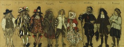 Jean de la Fountaine için "La Coupe Enchantee"de dokuz oyuncu için kostüm çalışması; Büyülü Kupanın Dokuz Karakteri İçin Kostüm Çalışmaları, Jean de la Fontaine, 1918 by Edouard Vuillard