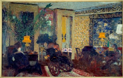 Üç lambalı oturma odası St. Florentine. Bir apartman dairesinde bir oturma odasının içi. Ortada bir adam sallanan sandalyede oturuyor. Edouard Vuillard