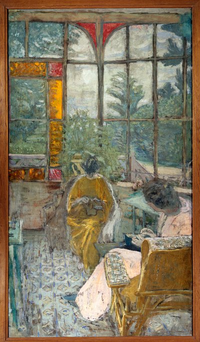 Bir veranda altında nakış yapan iki kadın. Lucie Hessel ve oyuncu Marthe Mellot by Edouard Vuillard