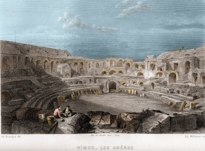 Nimes Arenaları, Gard, Languedoc-Roussillon (Languedoc Roussillon), Fransa. Jean-Bernard Mary-Lafon (Jean Bernard Mary Lafon) tarafından “Antik ve Modern Fransa”da Willmann tarafından gravür by Edouard Willmann