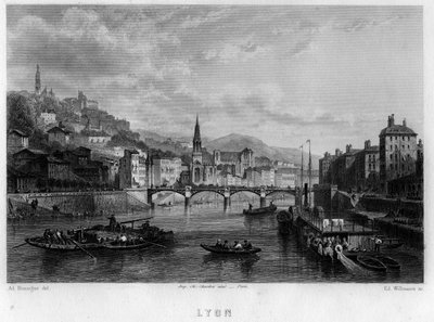 Lyon şehrinin görünümü, Rhone departmanı, Rhone-Alpes bölgesi, Fransa. Jean-Bernard Mary-Lafon (Jean Bernard Mary Lafon) tarafından “Antik ve Modern Fransa”da Willmann tarafından gravür by Edouard Willmann