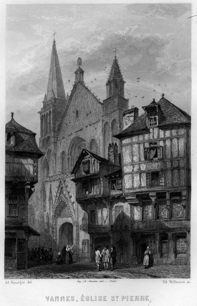 Vannes şehri ve Saint Pierre Kilisesi, Morbihan, Brittany, Fransa. Jean-Bernard Mary-Lafon (Jean Bernard Mary Lafon) tarafından “Antik ve Modern Fransa”da Willmann tarafından gravür by Edouard Willmann