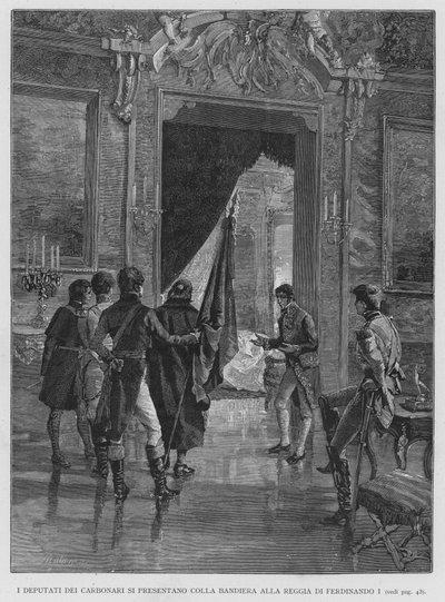 Carbonari Milletvekilleri I. Ferdinand Kraliyet Sarayı'nda Bayrakla Kendilerini Sunarlar (gravür) by Edouardo Matania