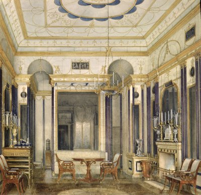 The Drawing Room of the Empress Maria Alexandrovna in the Great Palais in Tsarskoye Selo (wc, gouache und ink on paper) by Eduard Hau