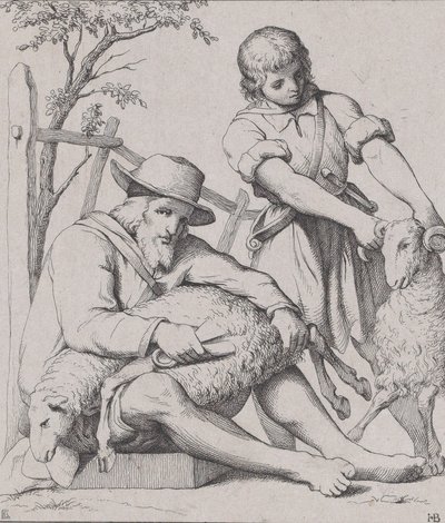 İki adam koyun kırkma, ca. 1842. by Eduard Julius Friedrich Bendemann