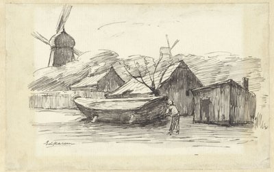 Tekne, evler ve bir yel değirmeni by Eduard Karsen