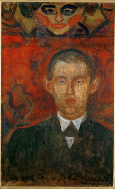 Edvard Munch, kadın maskeli otoportre (ahşap üzerine yağlıboya) by Edvard Munch