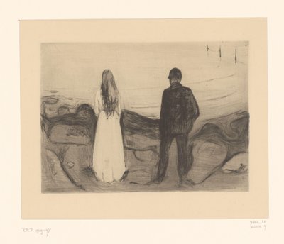 Sahilde duran kadın ve erkek İki kişi (orijinal başlık) by Edvard Munch