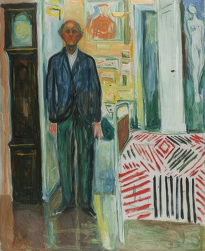 Kendi portresi. Saat ve yatak arasında. 1940-42 by Edvard Munch