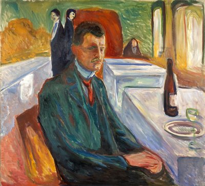 Bir Şişe Şarap ile Otoportre by Edvard Munch