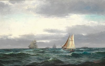 Birkaç gemi, gri yağmurlu bulutlar ve biraz mavi gökyüzü ile deniz by Edvard Skari