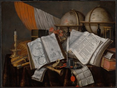 Bayraklı, Şamdanlı, Müzik Aletli, Kitaplı, Yazı Gereçli Bir Vanitas Natürmort... by Edwaert Collier