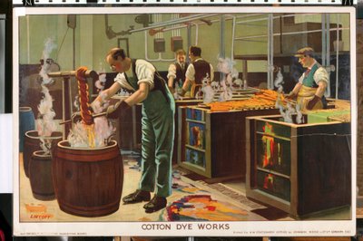'Empire Trade is Growing' serisinden Cotton Dye Works (renkli litho) by Edward Barnard Lintott