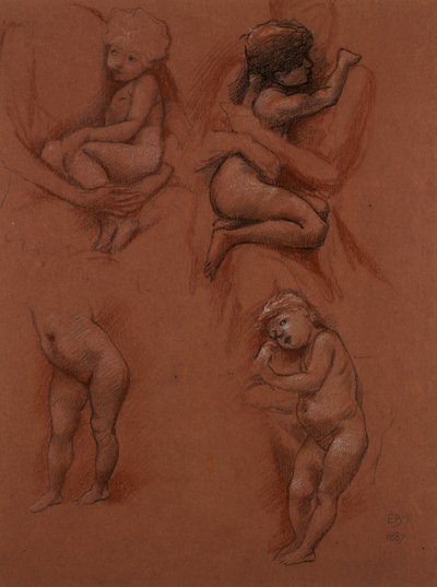 Annelerinin kollarındaki çocukların çalışmaları, 1887 (kırmızı kağıt üzerine siyah, kırmızı ve beyaz tebeşir) by Edward Burne Jones