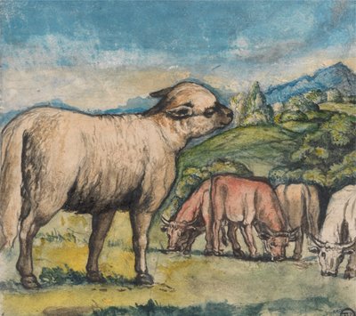 Pastoral Bir Manzarada Kuzu ve Öküz by Edward Calvert