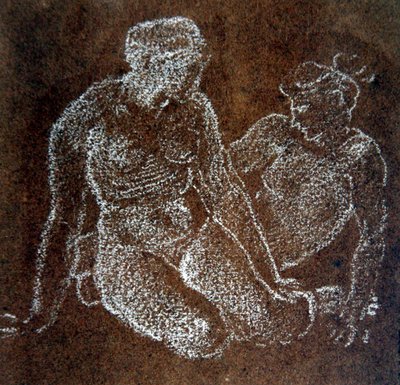 Oturan iki çıplak kadın çalışması (kağıt üzerinde beyaz tebeşir) by Edward Coley Burne Jones