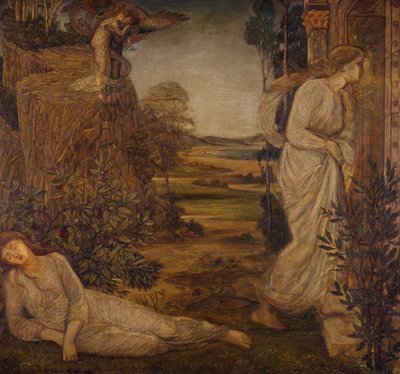 Aşk Tanrısı ve Ruh - Saray Yeşil Duvar Resimleri - Zephyrus, Ruhu Dağa Taşıyan, 1881 by Edward Burne Jones